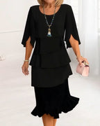 Black ruffle trim dress, front view
