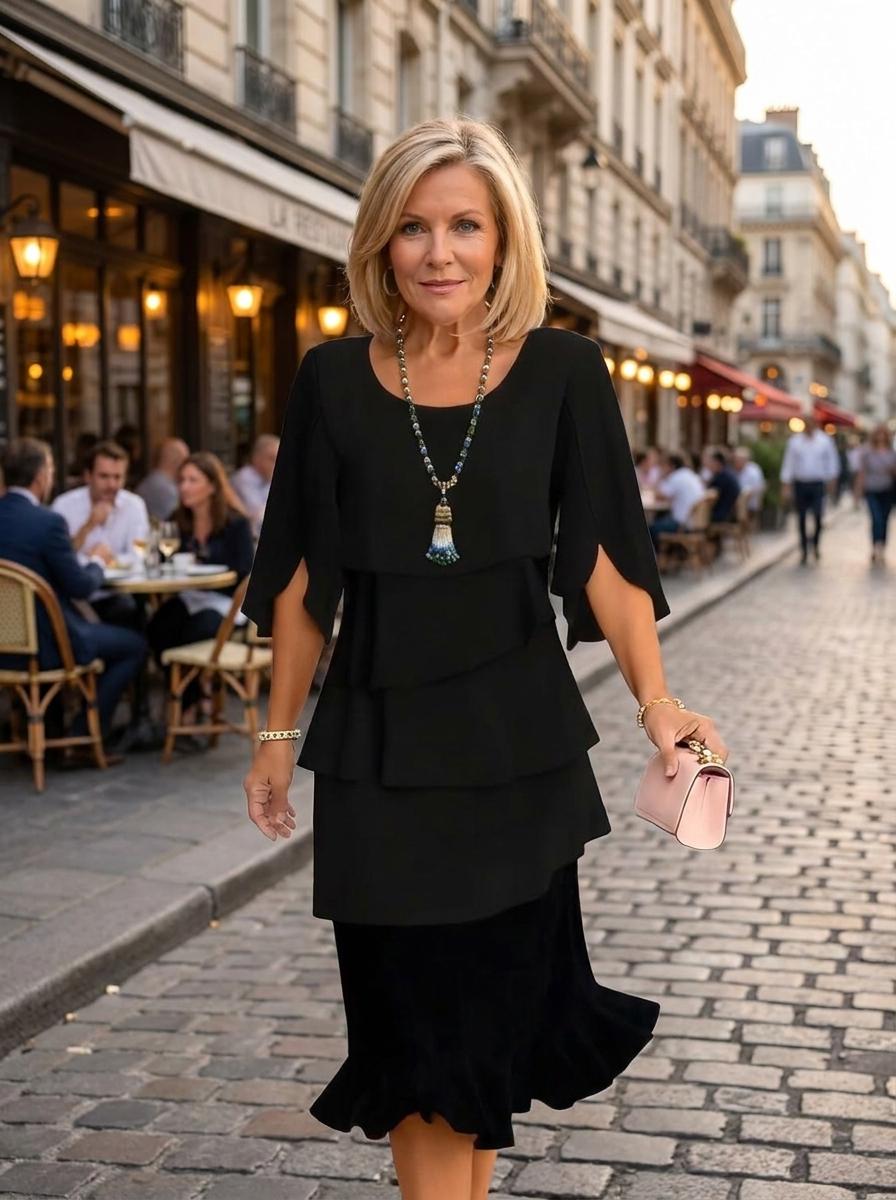 Woman wearing a black ruffle-trim dress on a city street in the early evening