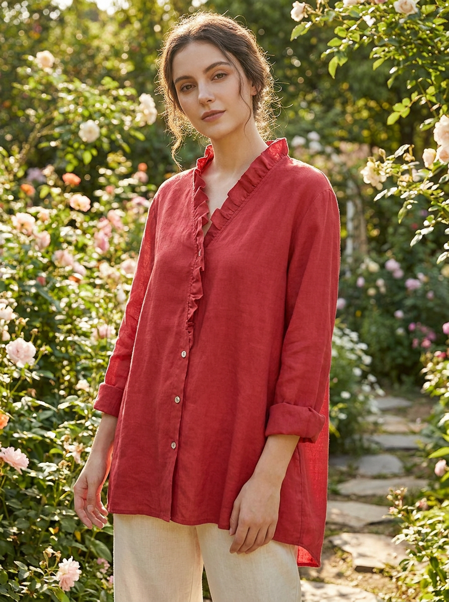 Woman wearing a ruffled collar long sleeve blouse in a sunlit garden