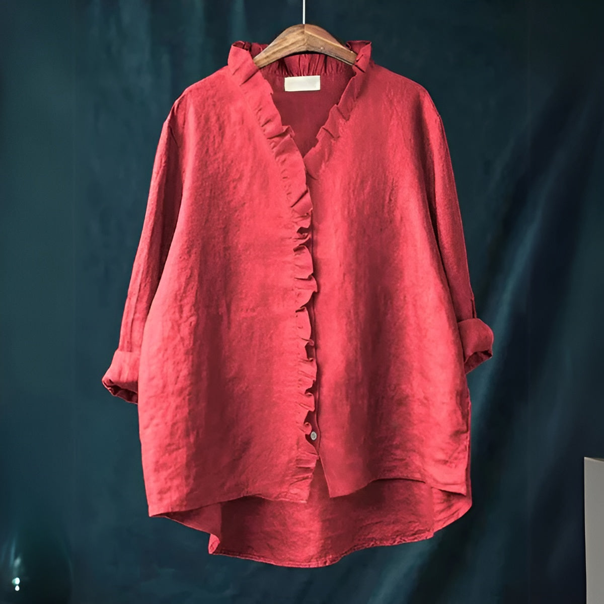 Red ruffled collar long sleeve blouse