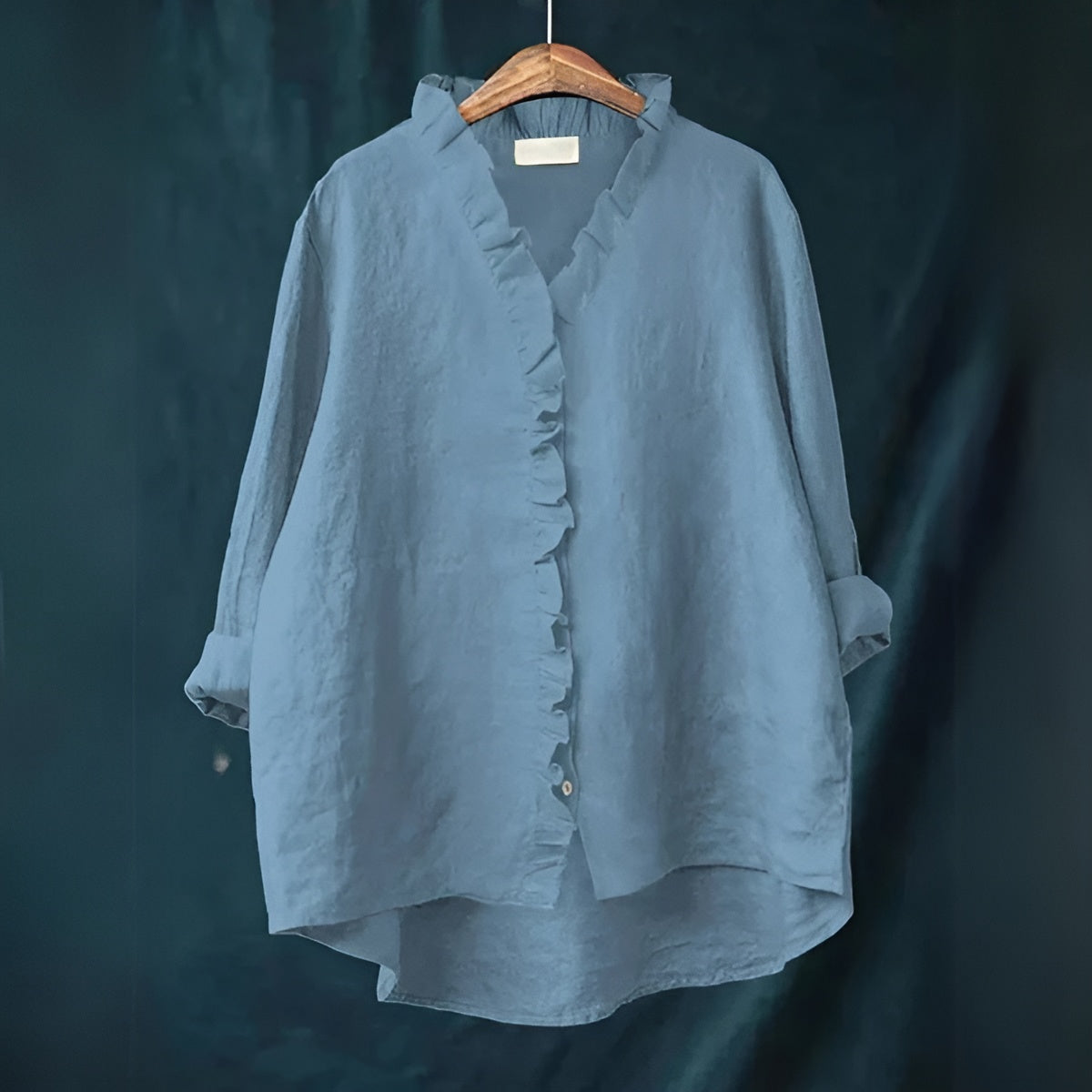 Blue ruffled collar long sleeve blouse