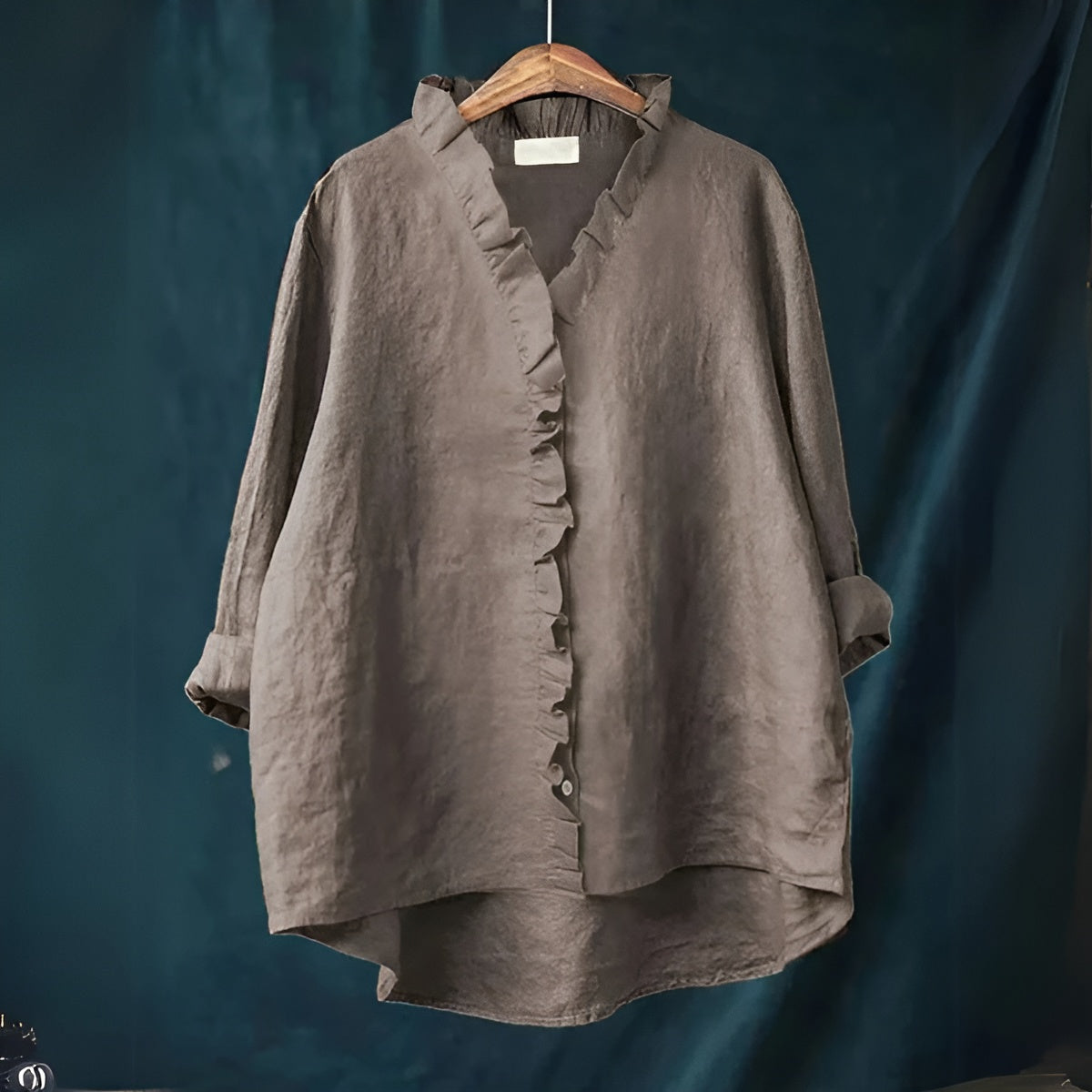 Dark gray ruffled collar long sleeve blouse