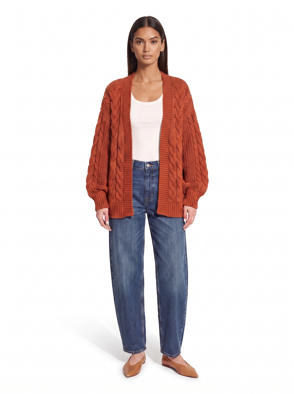 Rust chunky cable knit open front cardigan, front view