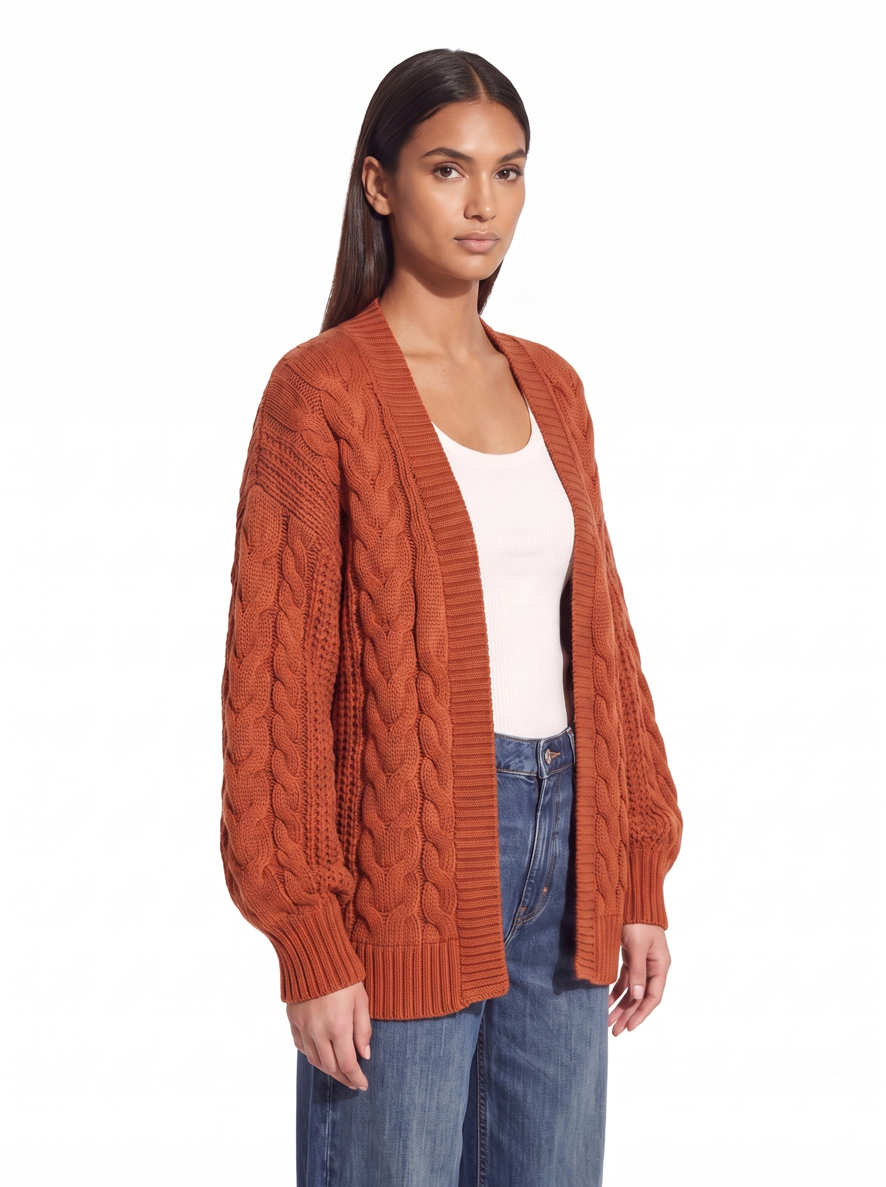 Cable knit cardigan oversized fit, three-quarter view
