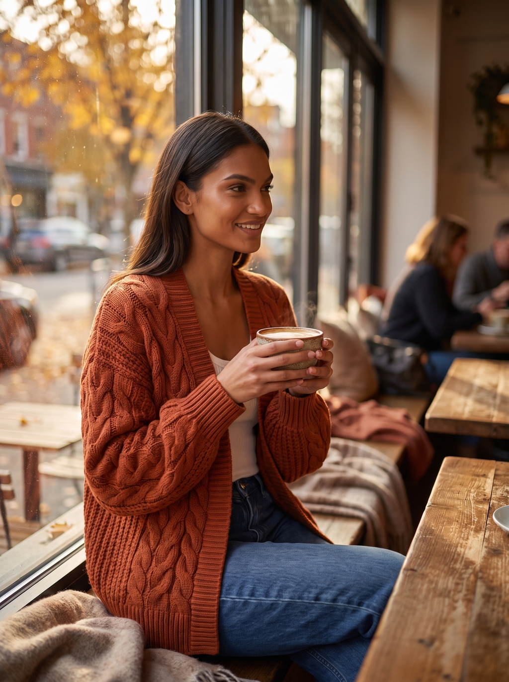 Rust cable knit cardigan worn with jeans, side view