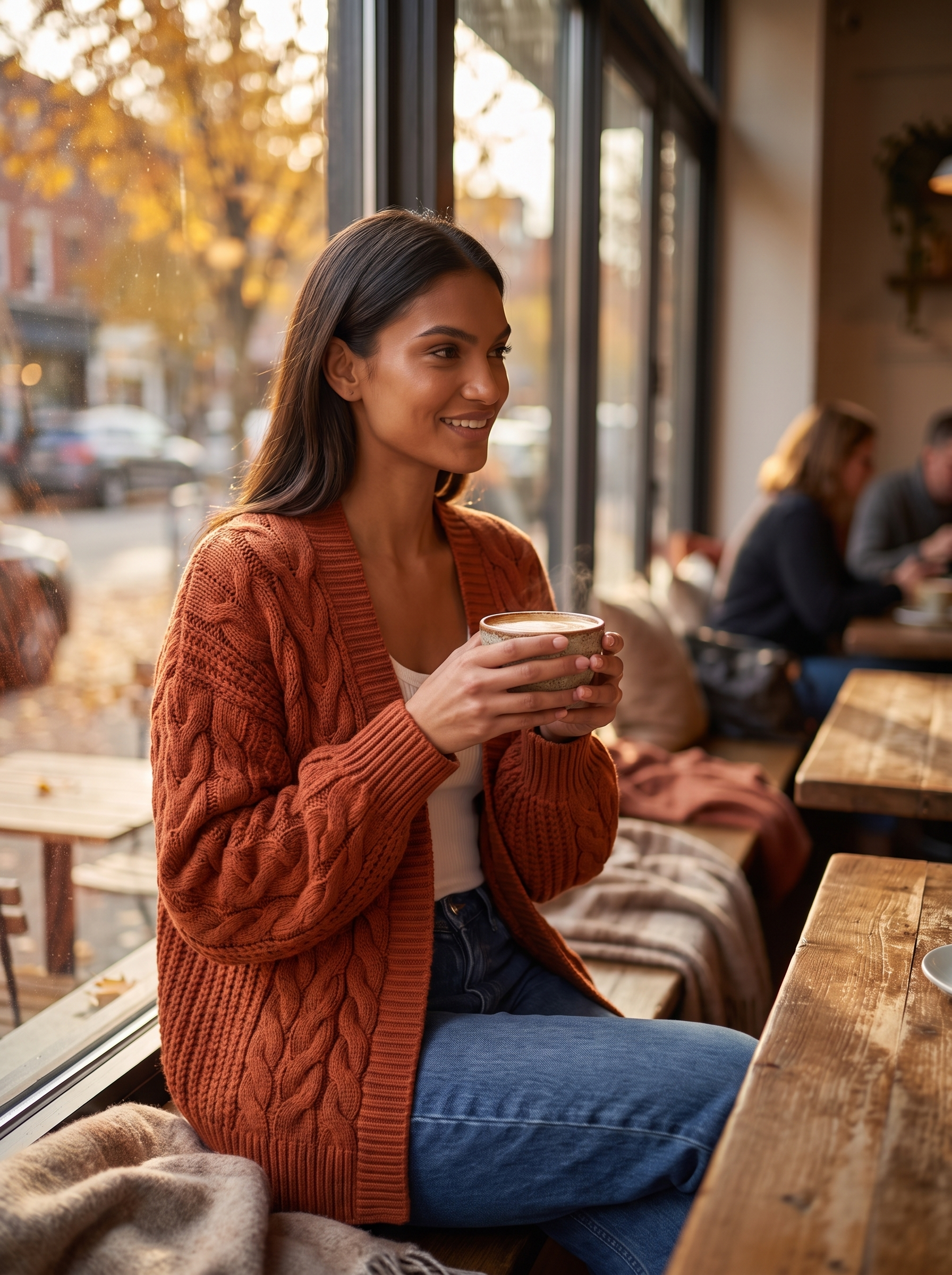 Rust cable knit cardigan worn with jeans, side view