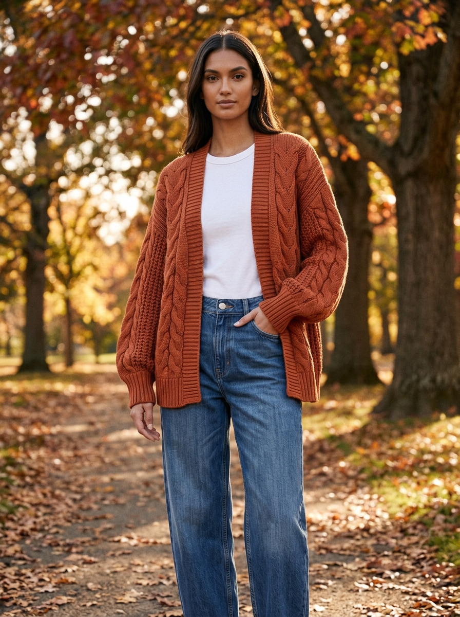 Woman wearing an oversized rust chunky cable knit open-front cardigan in an autumn park