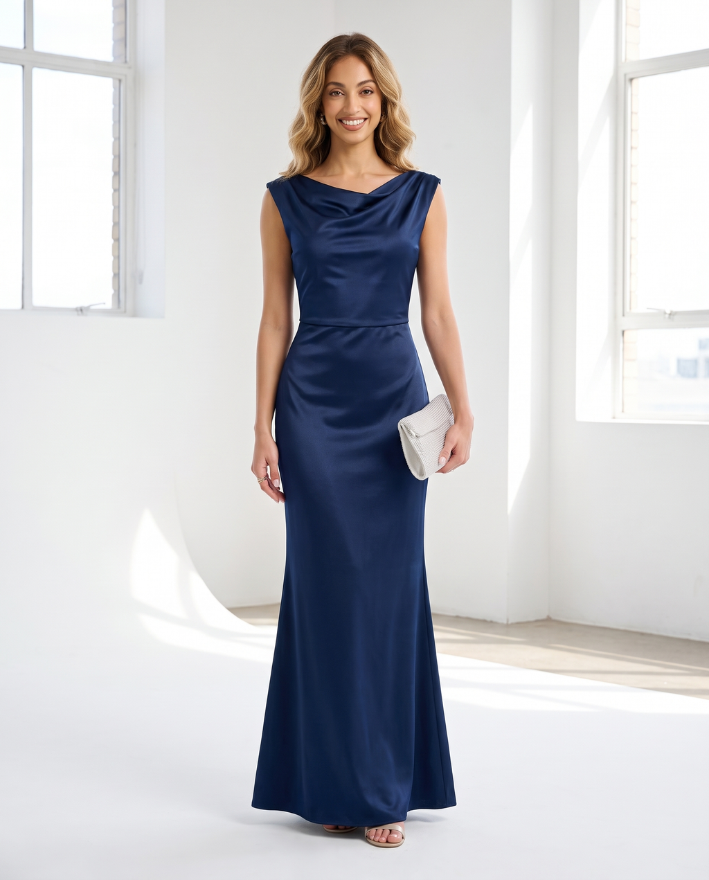 Satin mermaid gown with cowl neckline