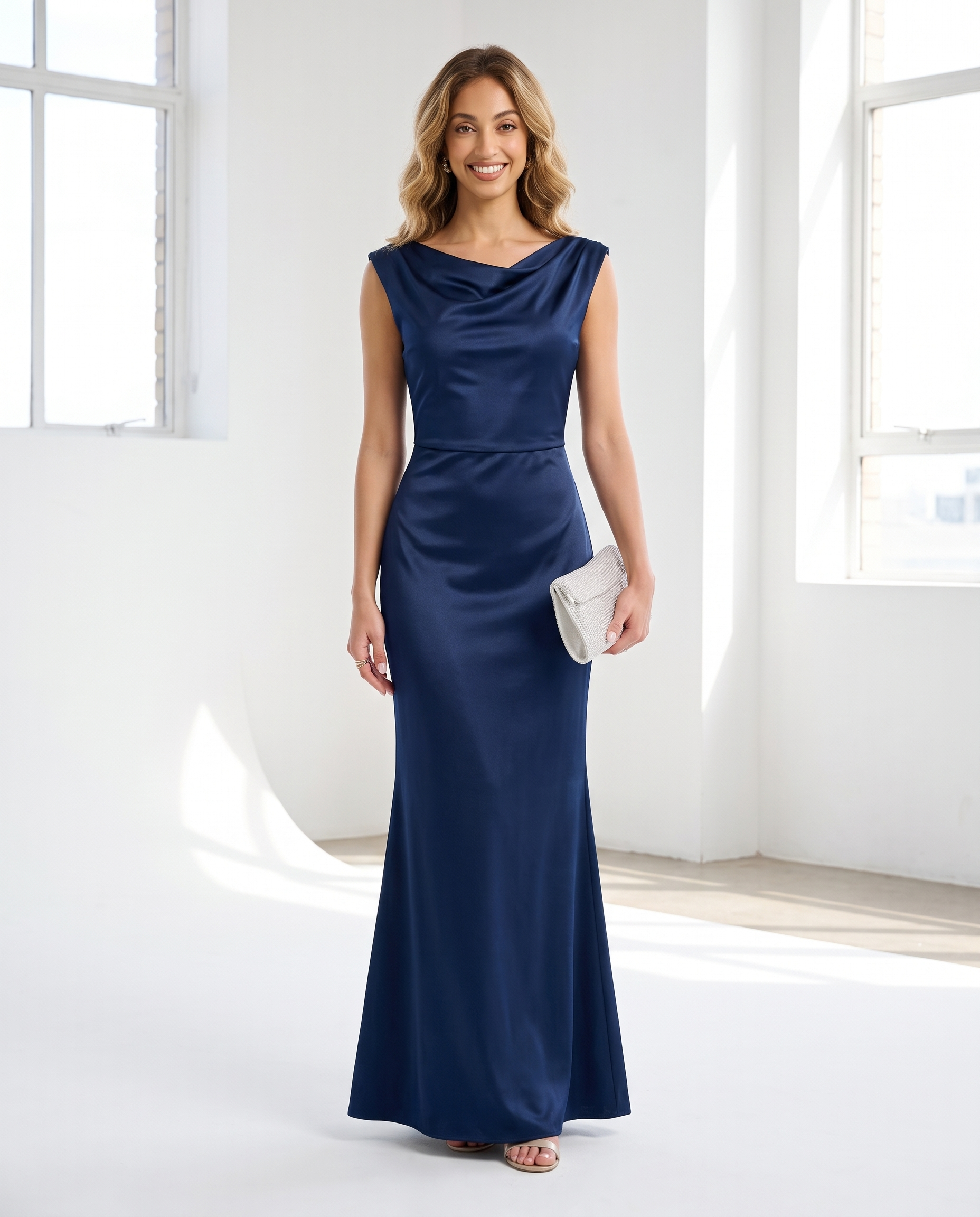 Satin mermaid gown with cowl neckline