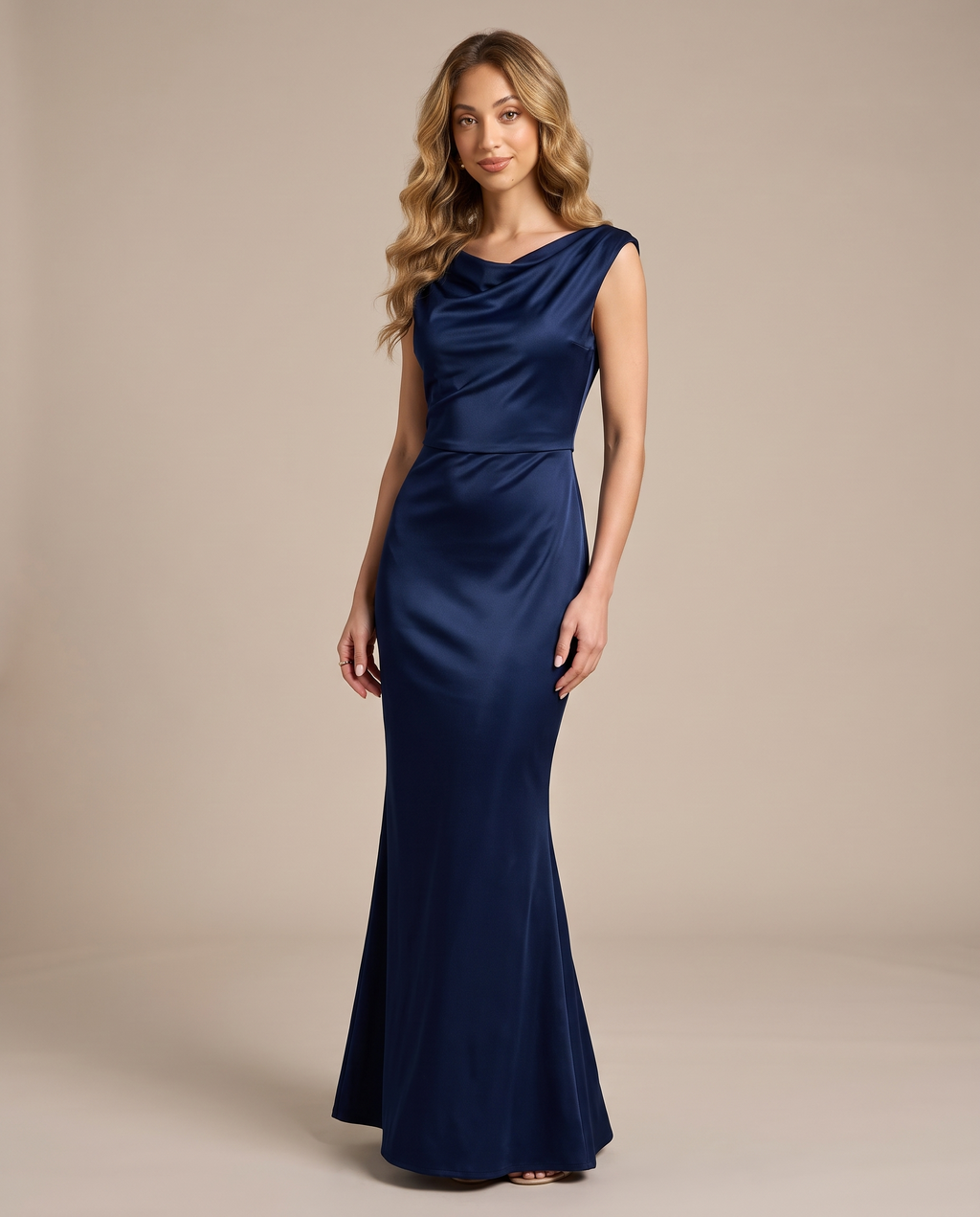 Satin mermaid gown, side view
