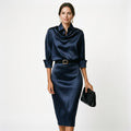 Satin midi dress in navy blue, front view