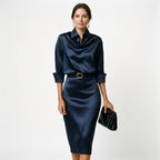 Satin midi dress in navy blue, front view