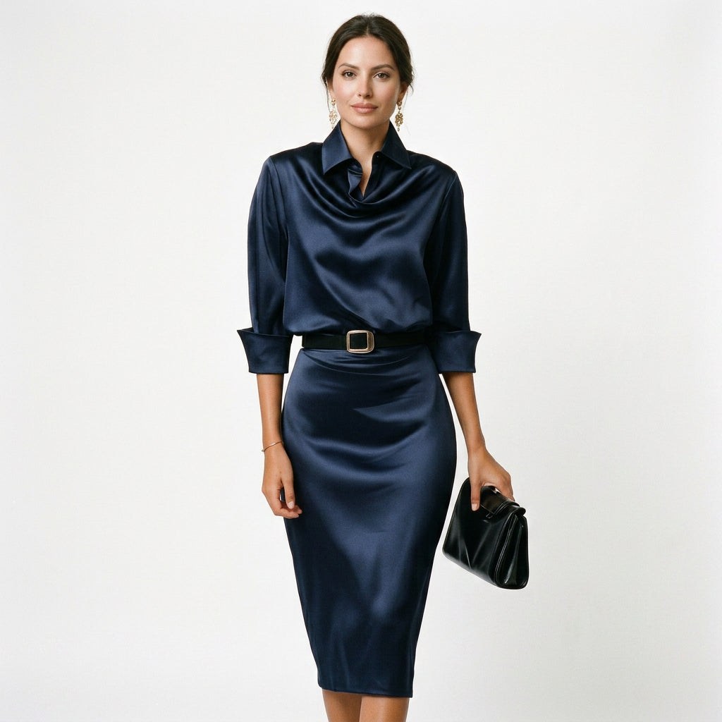 Satin midi dress in navy blue, front view