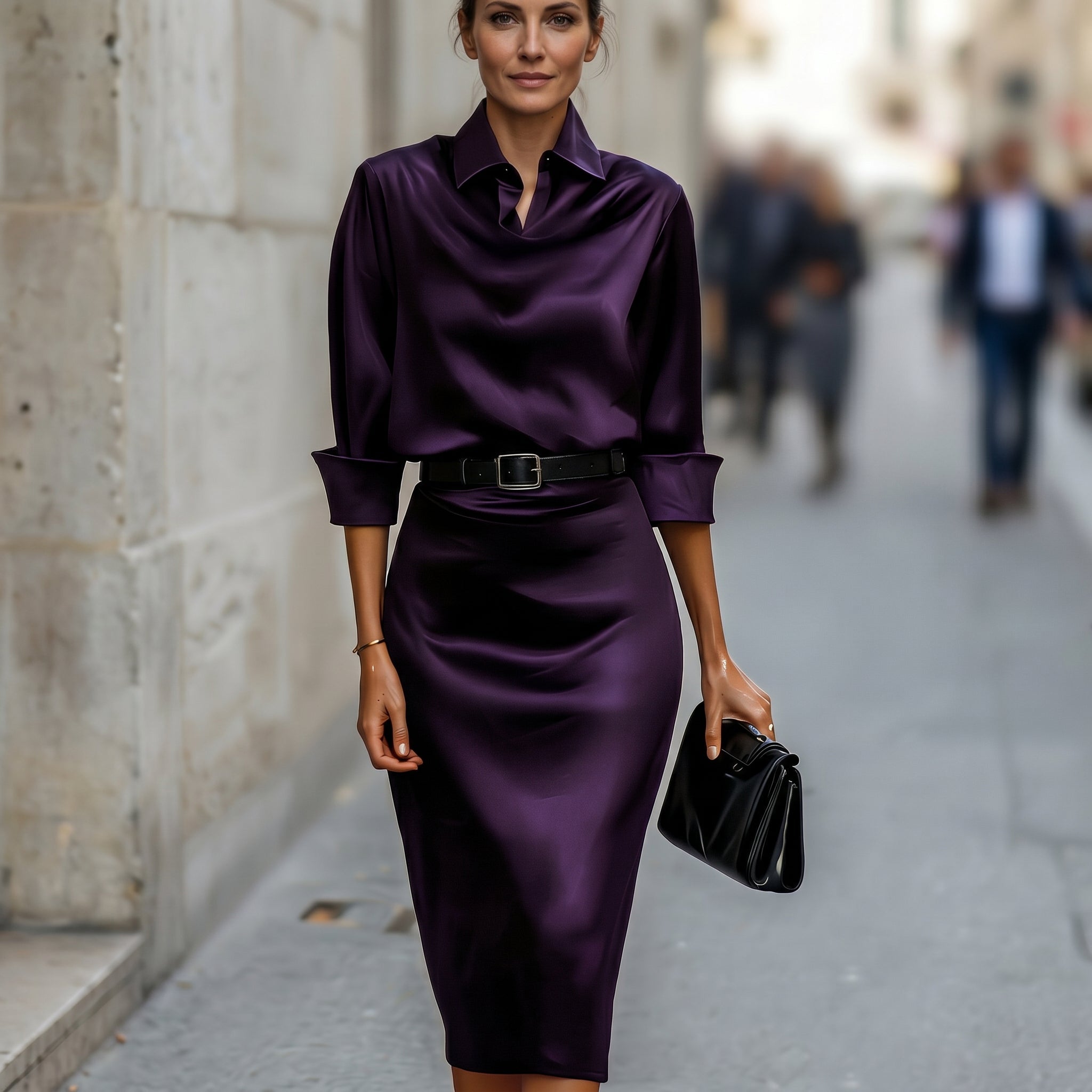 Satin midi dress, skirt and hem detail