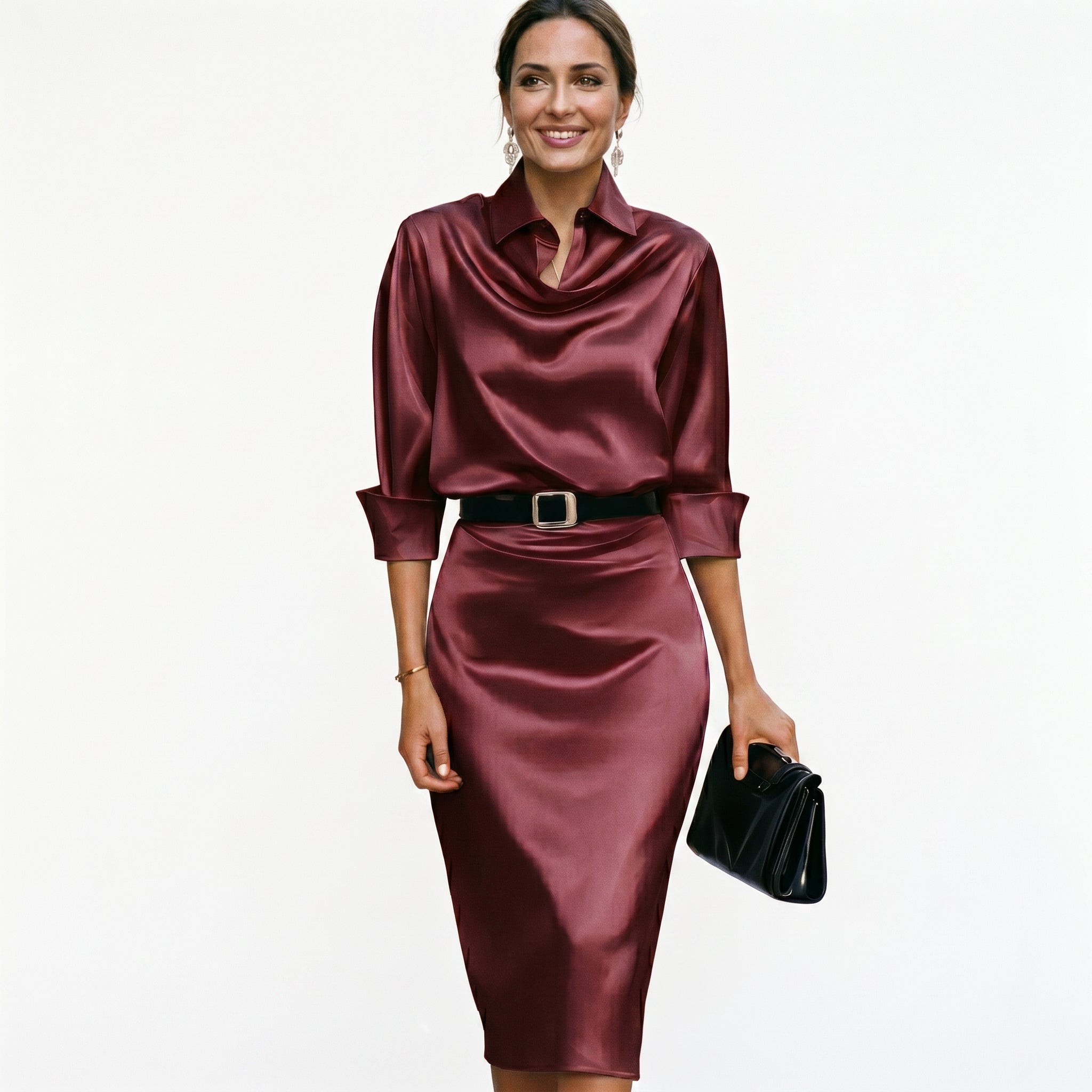 Satin midi dress in burgundy, side view
