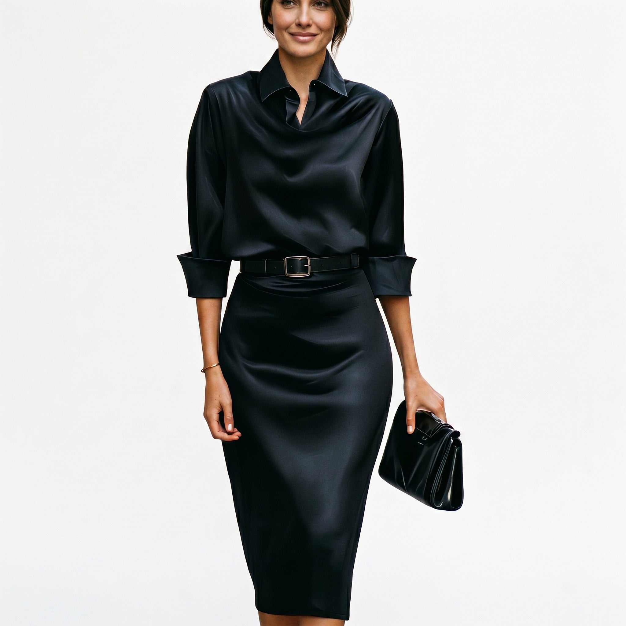 Satin midi dress in black, neckline and bodice detail