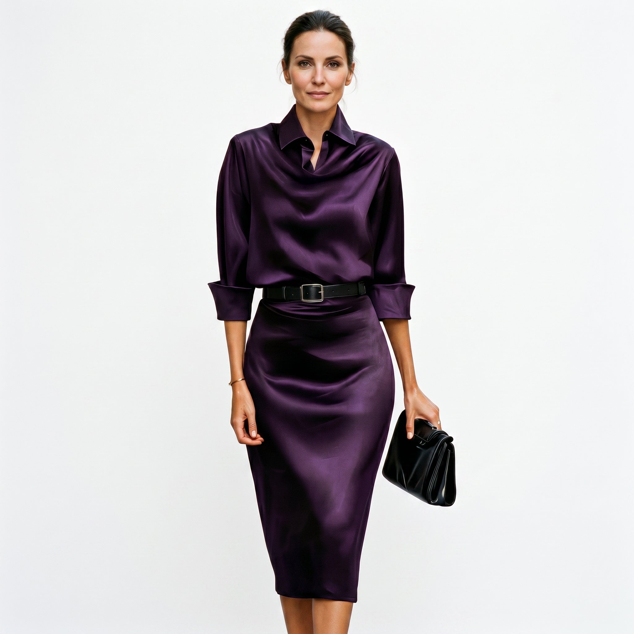 Satin midi dress in purple, styled view