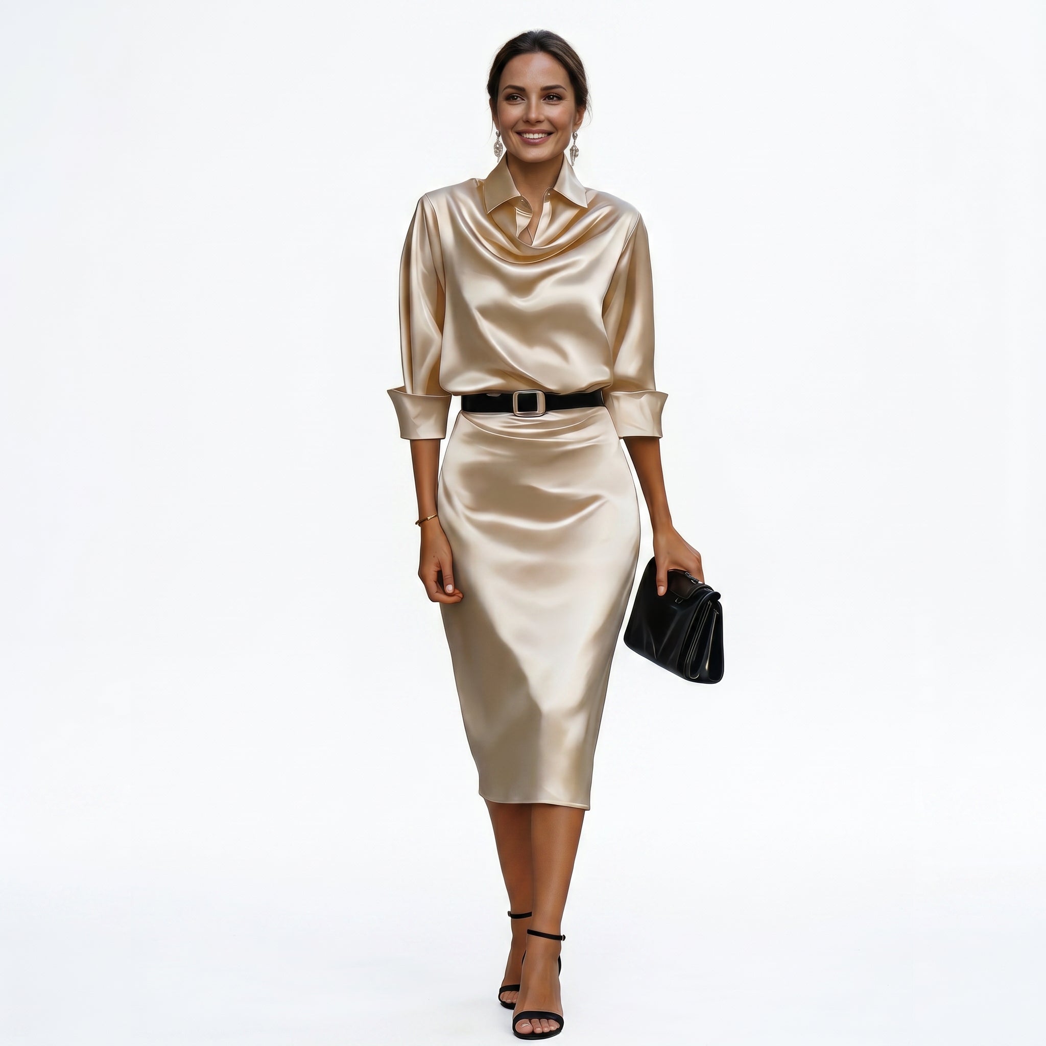 Satin midi dress in champagne, full length view