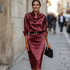 Satin midi dress, fabric sheen close up