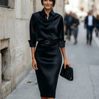Satin midi dress shown with heels