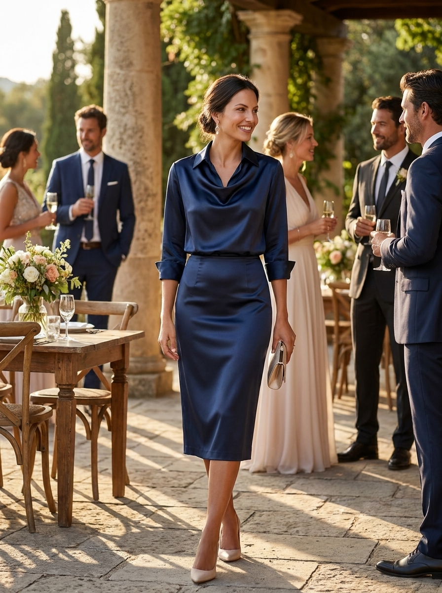 Woman wearing a navy satin midi dress at an outdoor wedding reception