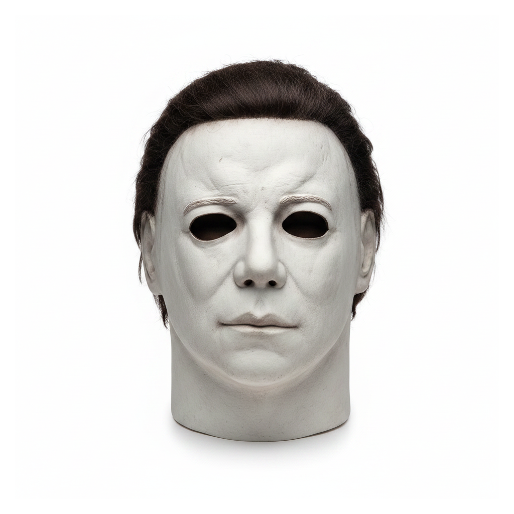 Scary latex full-head horror mask on a white background
