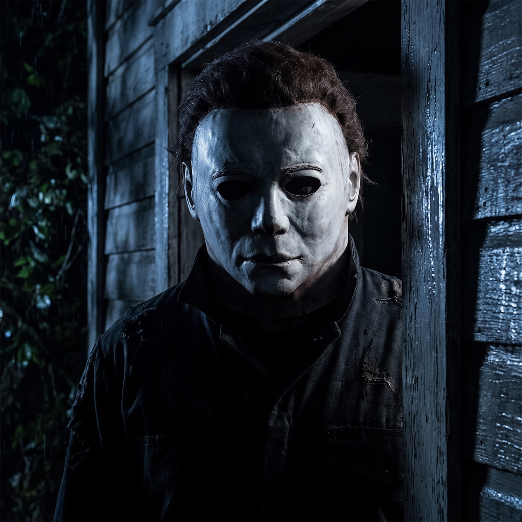 Latex horror mask worn by a figure in a dark doorway at night