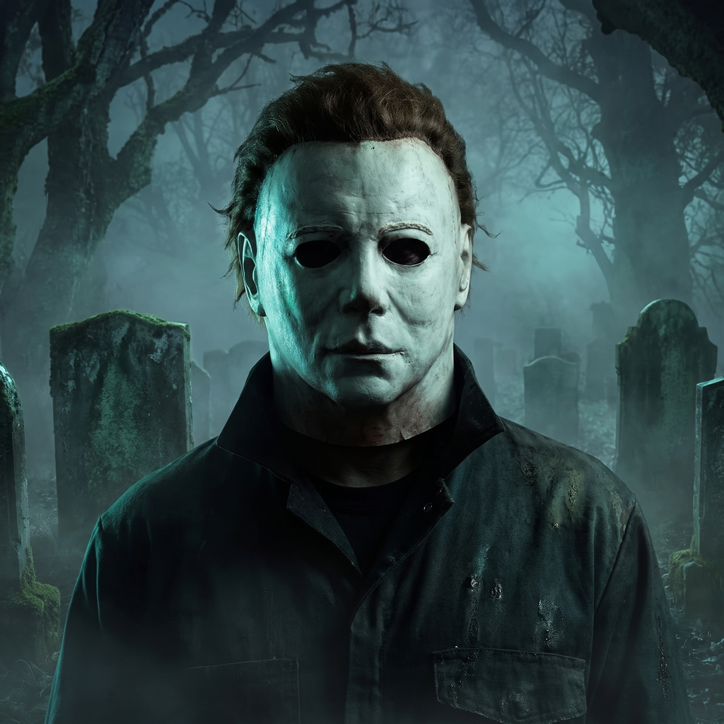 Latex horror mask worn by a figure in a foggy graveyard