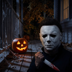 Horror mask worn by a figure on a dark Halloween porch