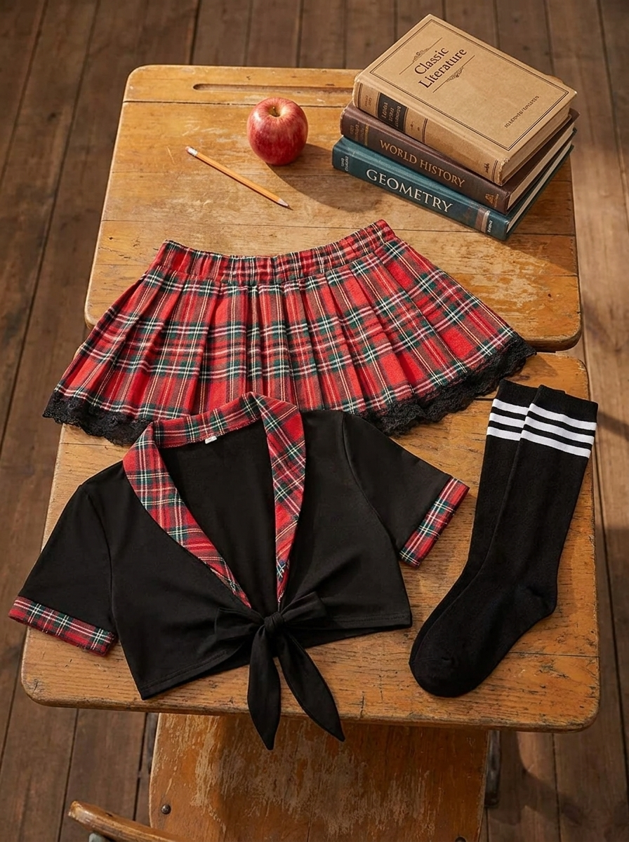 Schoolgirl cosplay costume set flat lay