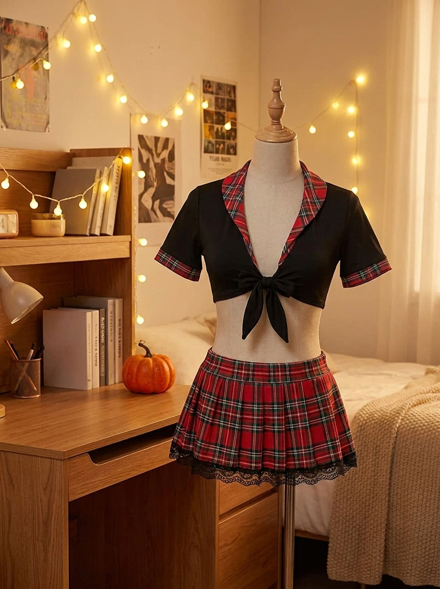 Schoolgirl cosplay costume set on a dress form
