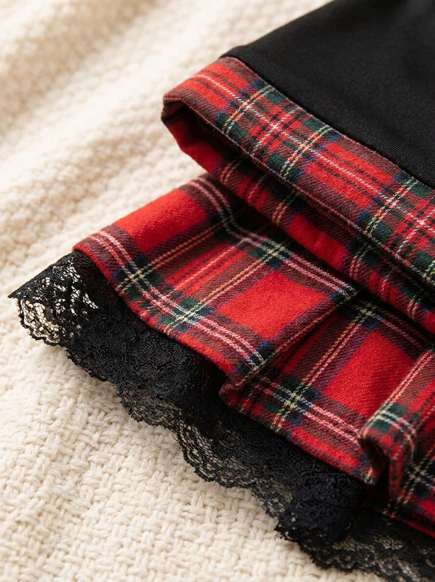 Close up of the lace and plaid fabric
