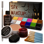 SFX Halloween makeup kit with face paint, scar wax and fake blood on a white background