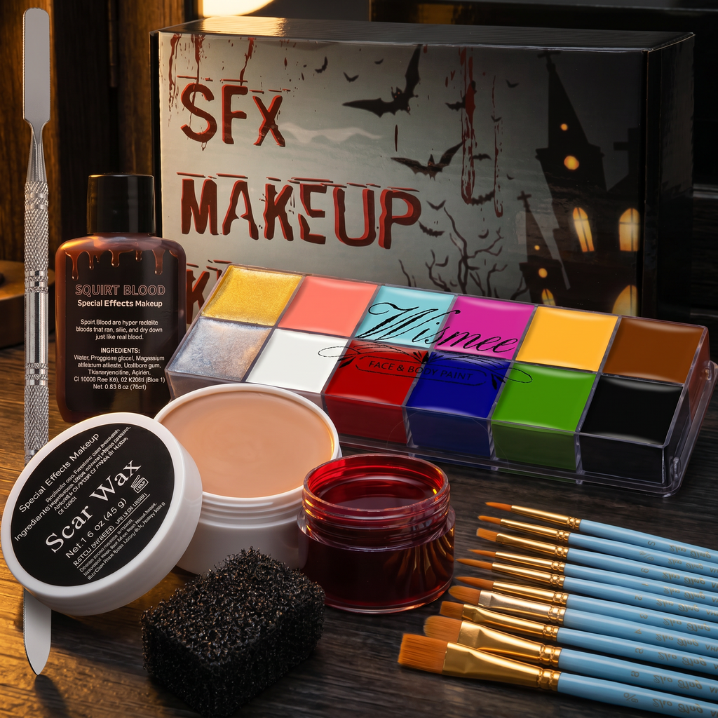 SFX Halloween makeup kit open on a dark vanity with brushes and paint palette