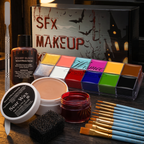 SFX Halloween makeup kit open on a dark vanity with brushes and paint palette