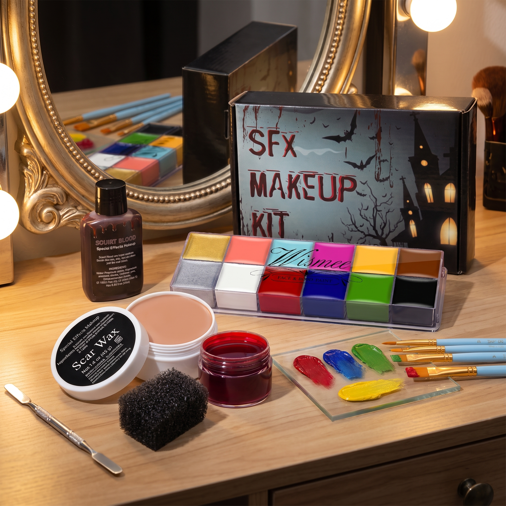 Special effects Halloween makeup kit on a lit vanity with a mirror