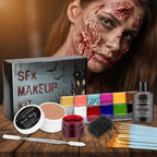 Model wearing zombie wound makeup created with the SFX makeup kit
