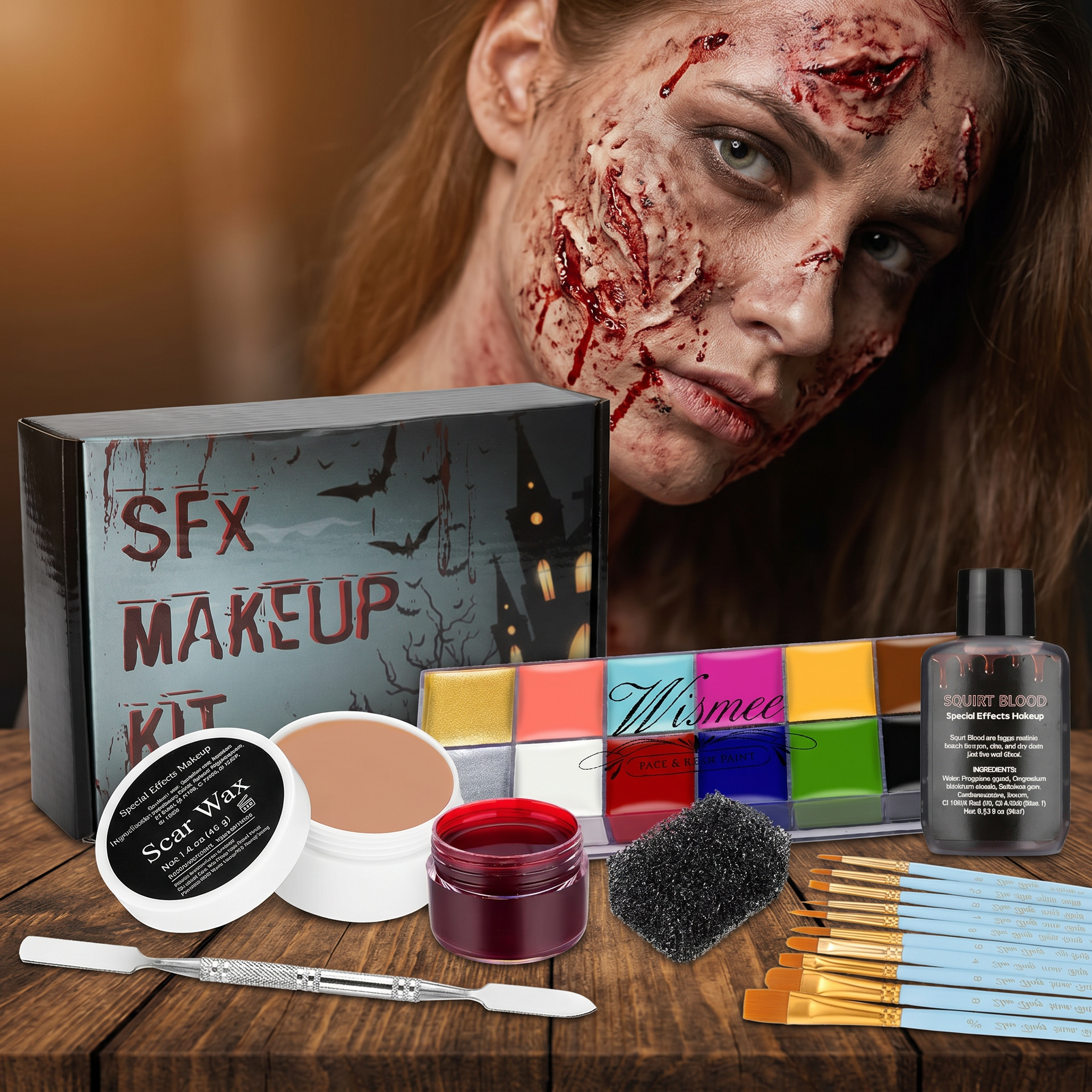 Model wearing zombie wound makeup created with the SFX makeup kit