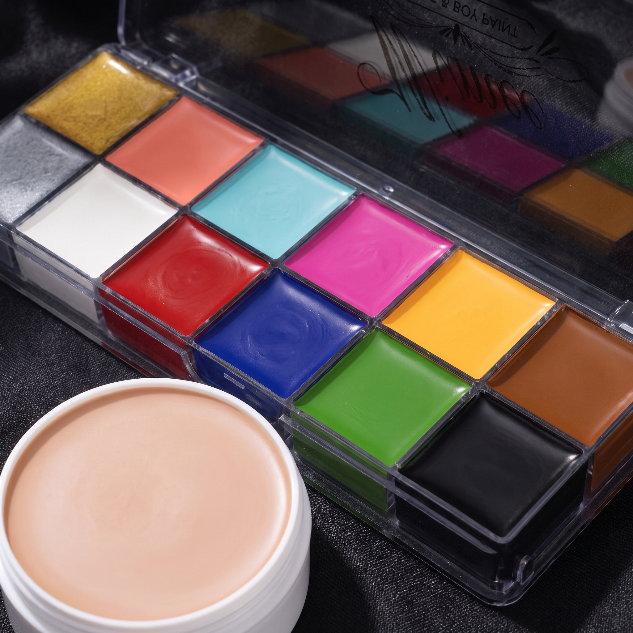 Close up of the SFX makeup palette colors, scar wax and applicator