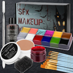 Flat lay of all SFX Halloween makeup kit contents including brushes and fake blood