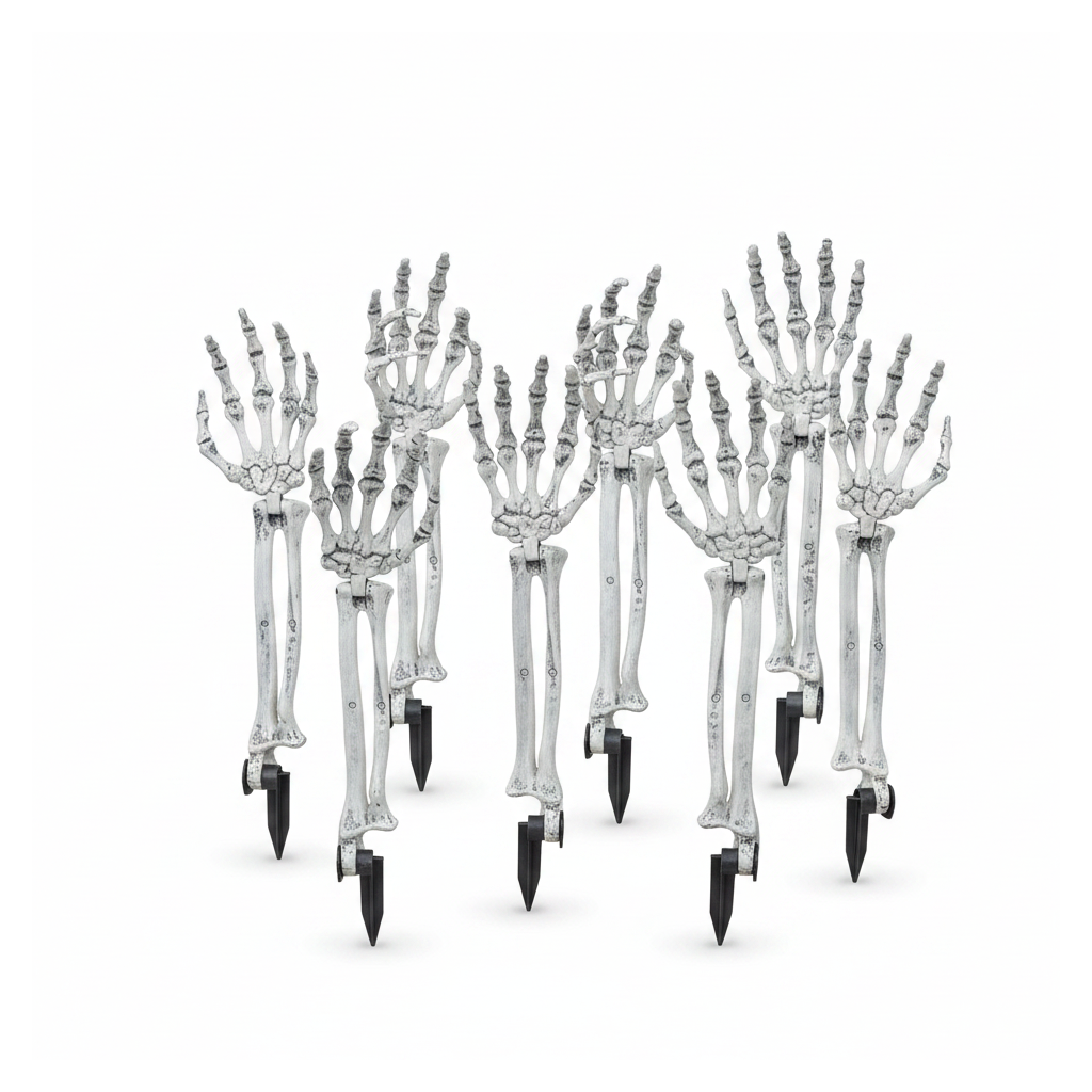 Halloween skeleton hand yard stakes on a white background