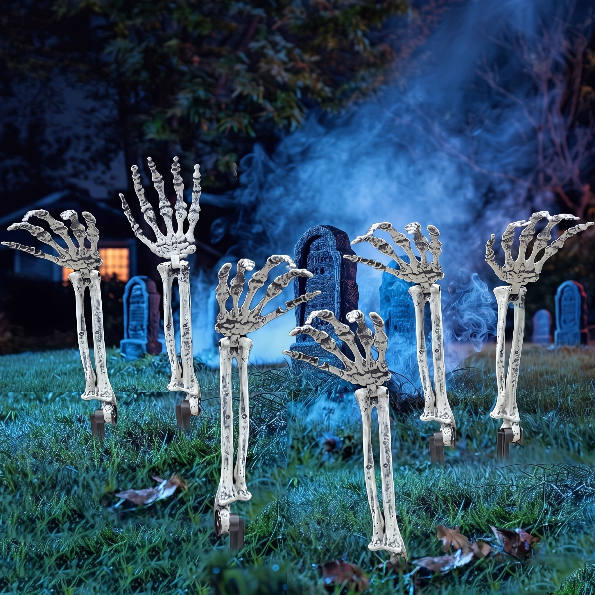 Skeleton hands rising from a graveyard lawn at night