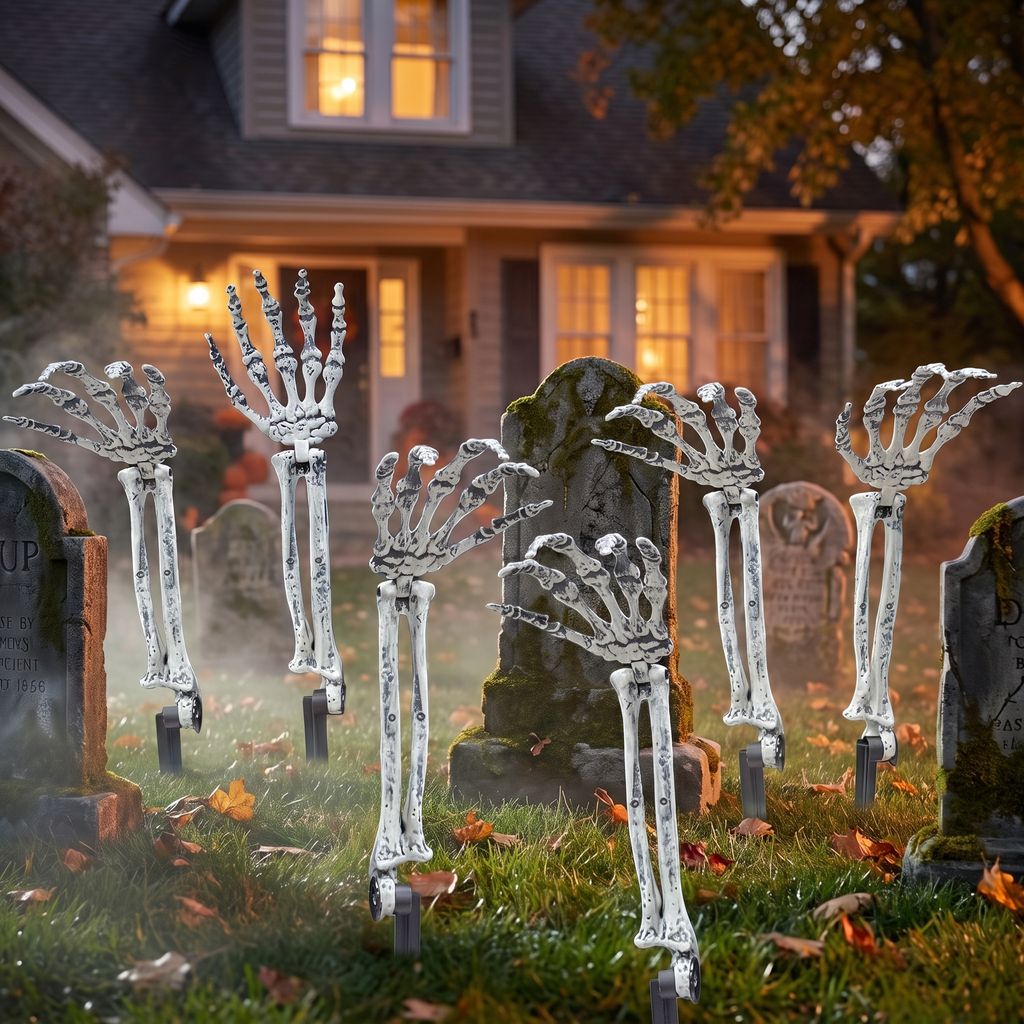 Skeleton hand stakes in a Halloween yard alongside tombstones