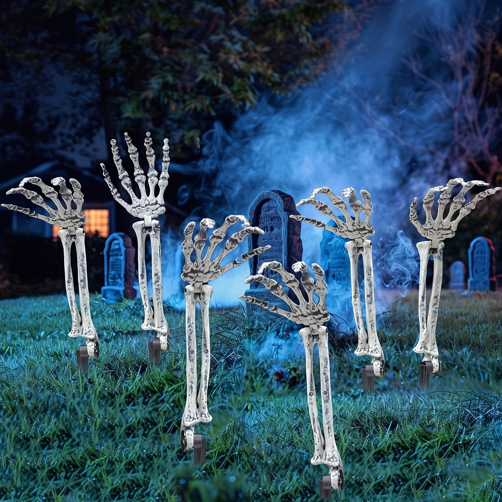 Skeleton hands emerging from a foggy lawn at night