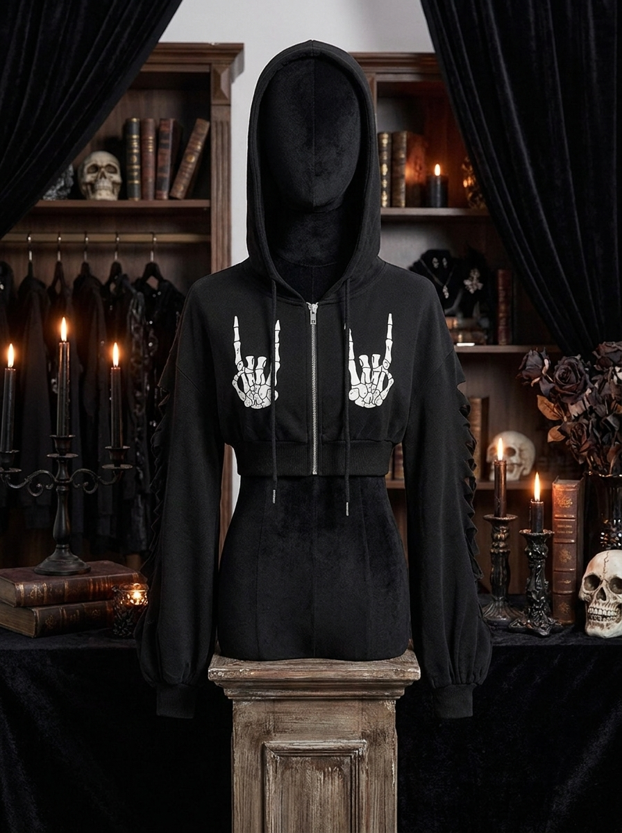 Skeleton hooded zip cardigan on a dress form