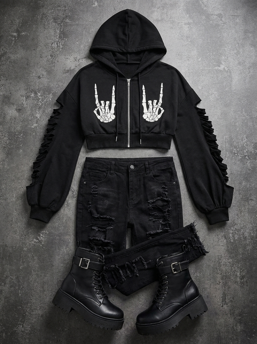Skeleton hooded zip cardigan styled flat lay