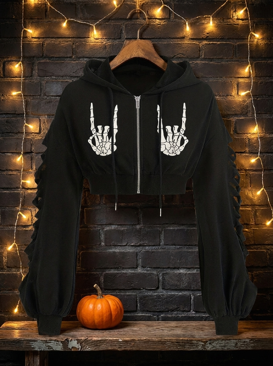 Skeleton hooded zip cardigan on a hanger