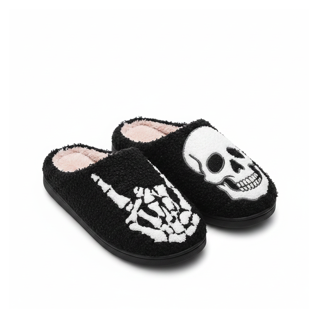 Skeleton skull plush slippers on a white background