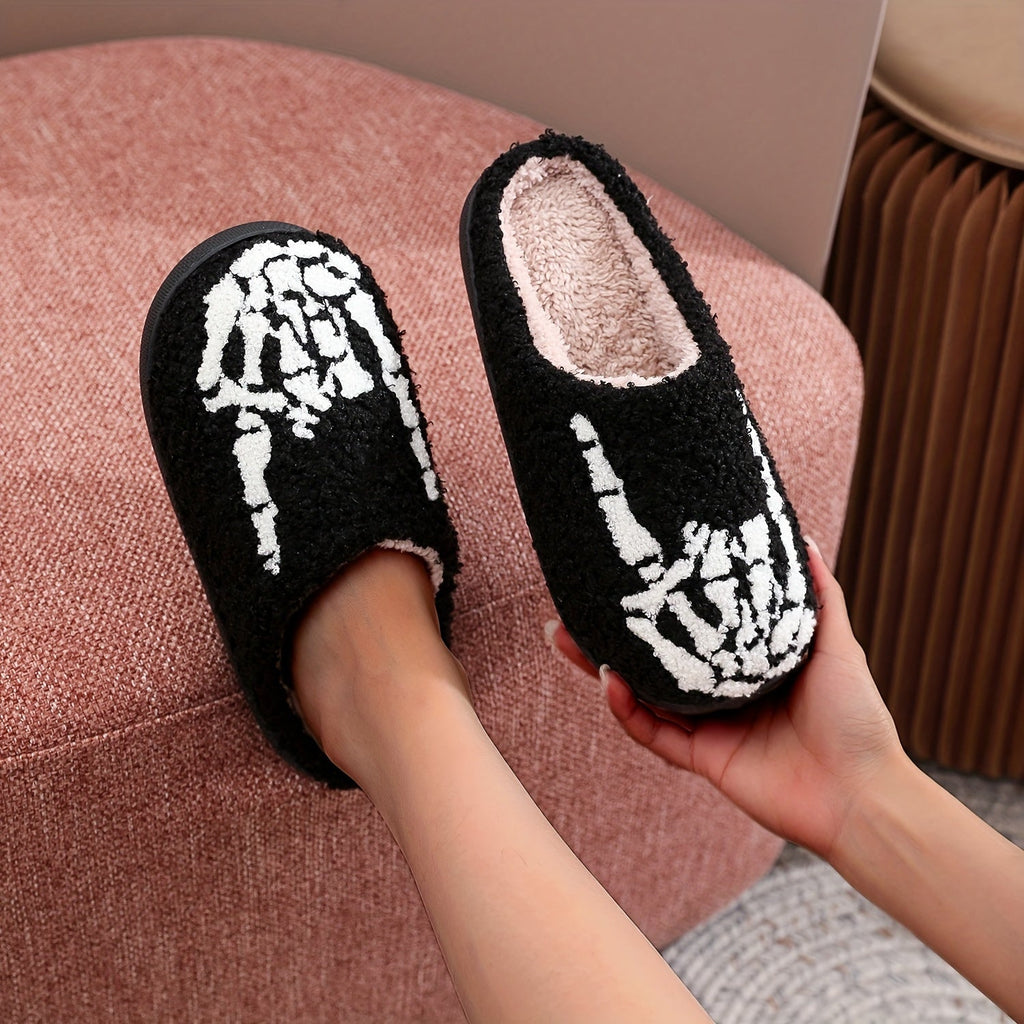 Black and white skeleton skull plush slip on slippers