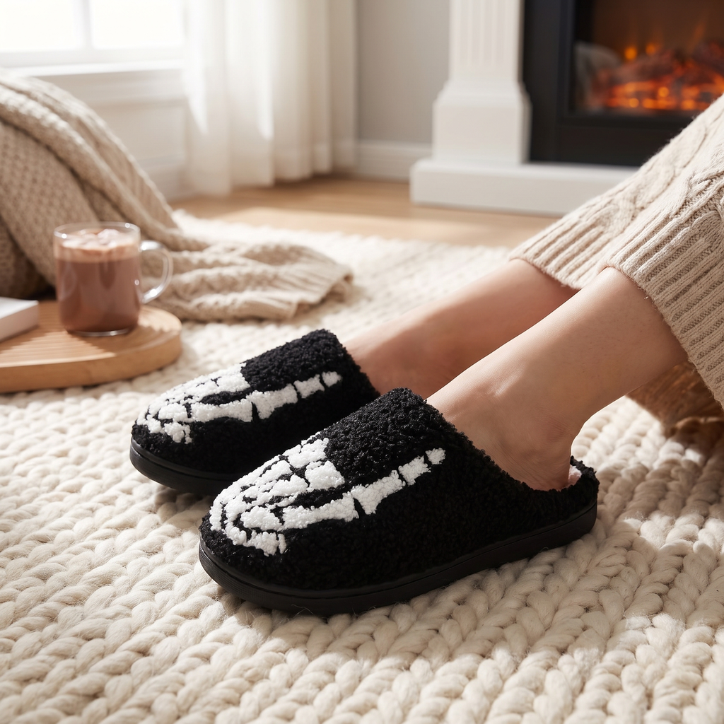 Feet wearing the skull plush slippers on a cozy rug